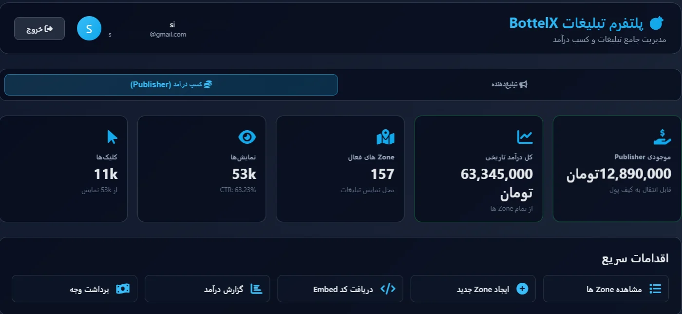 داشبورد تبلیغات و درآمد در BottelX